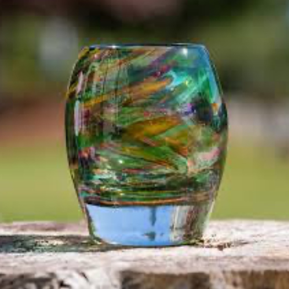 NIB Green and Blue Glass Art Votive candle holder with Iridescent Swirls